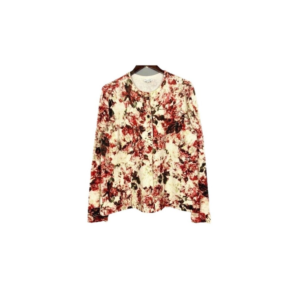 J. Jill Plush Floral Cardigan Sweater Size Large Roses Bohemian Flyaway Hem